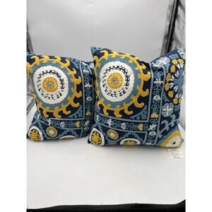 Set of 2 Embroidered Decorative Throw Pillows – Blue, Yellow & White